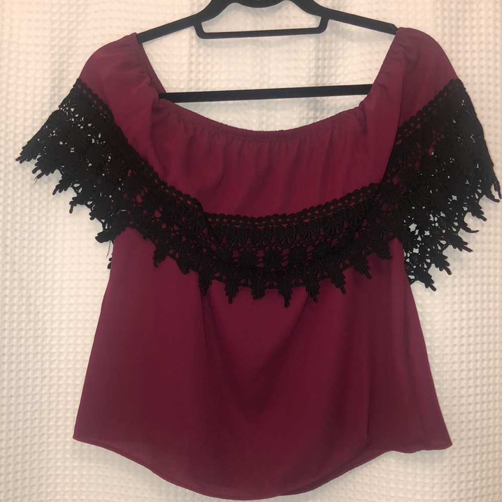 Off the shoulder crimson and black top